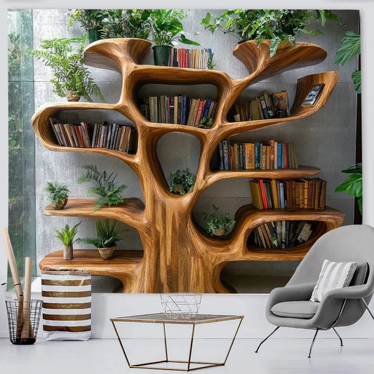 Tree Bookshelf Tapestry Multiple Sizes 2D Print Nordic Tree Plants Reading Theme Polyester Living Study Reading Nook Calm Good Vibrations