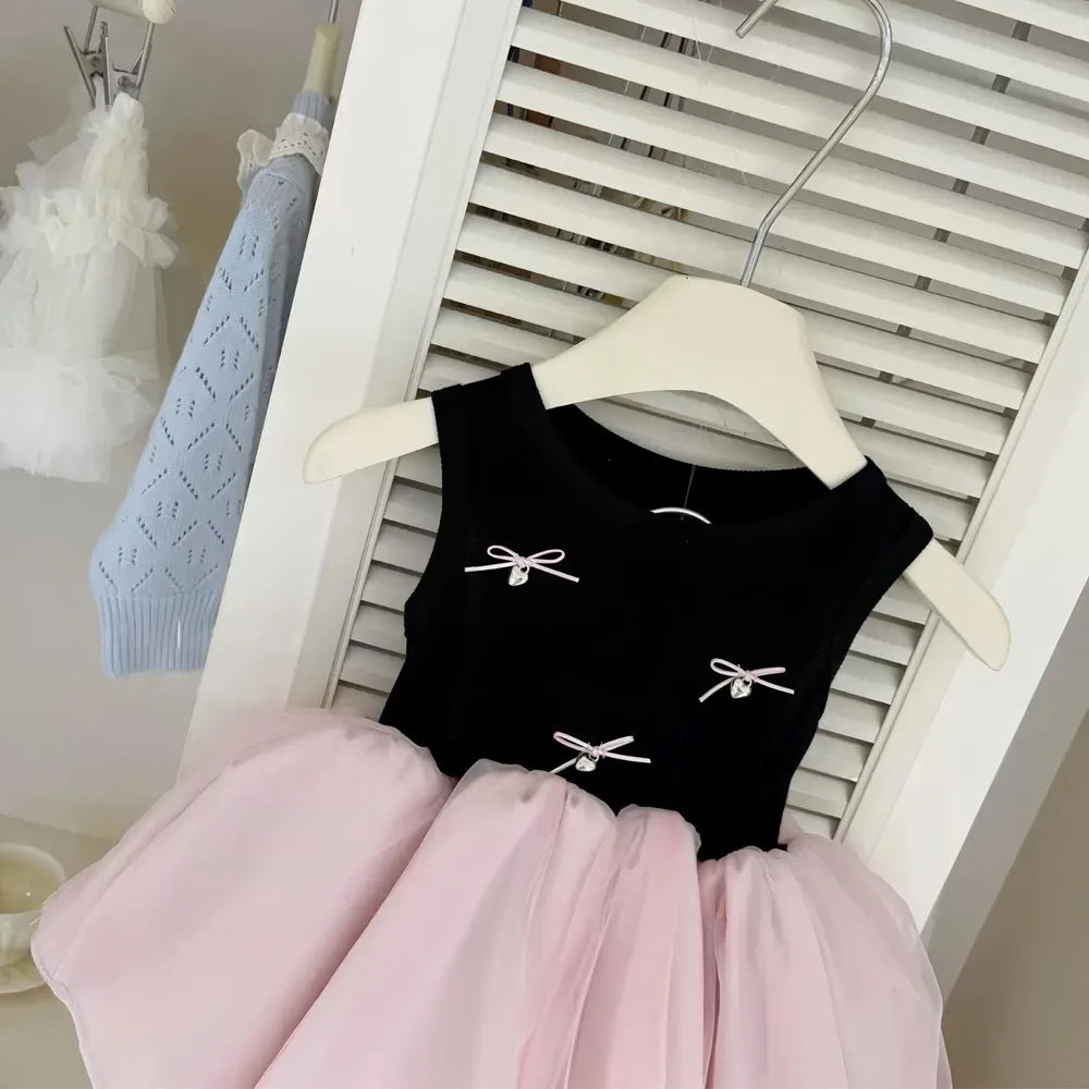 Children's Clothing, Girls' Dress, Summer New Style, Children's Evening Cloud Yarn, Flying Sleeve Princess Dress, Baby Bow Dress Good Vibrations