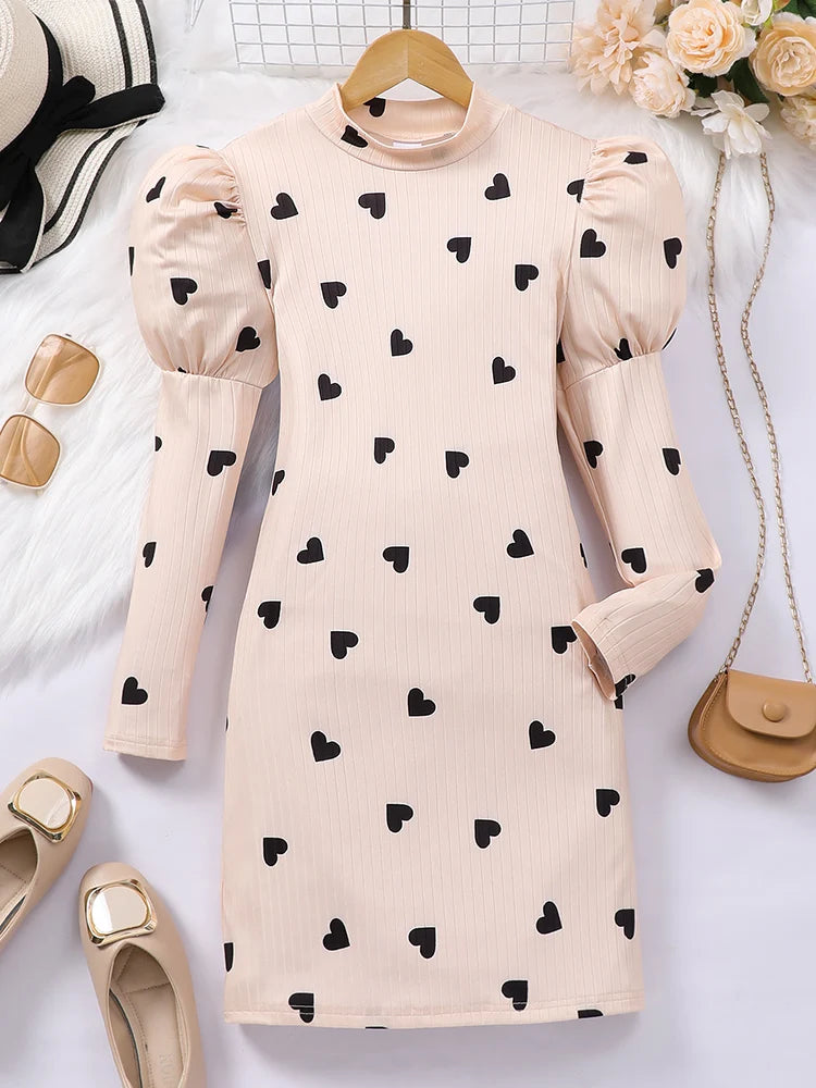 Autumn And Winter Girls Big Children Girls Daily Casual Sweet And Cute Love Printed High Neck Knitted Lantern Sleeve Dress Good Vibrations