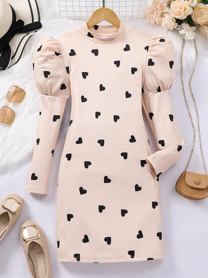 Autumn And Winter Girls Big Children Girls Daily Casual Sweet And Cute Love Printed High Neck Knitted Lantern Sleeve Dress Good Vibrations