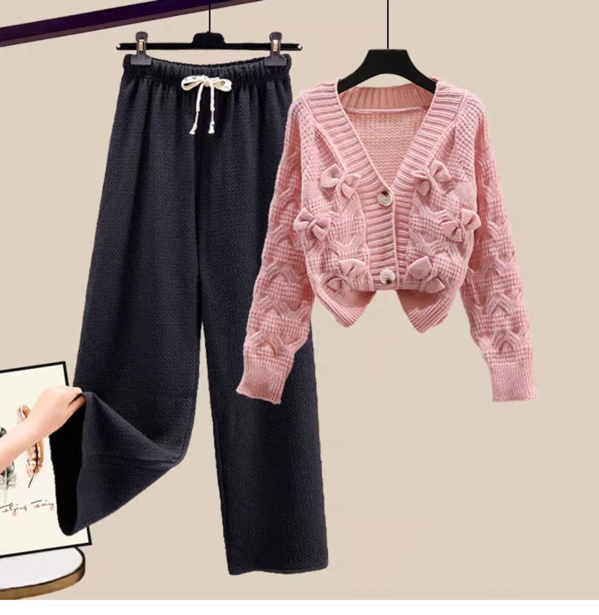 Two Piece Set For Women New In Sweater Matching Sets Korean Sweet Bow Outfit Long Sleeve Cardigan Knitwear Wide Leg Pants Set Good Vibrations