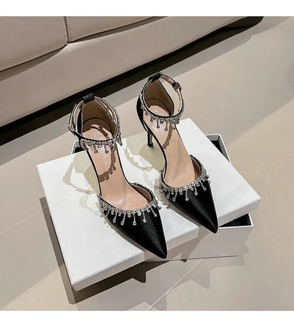 Comemore 2025 White Wedding Bridesmaid Shoes Satin Fashion Rhinestone Fringe Chain High Heels Black Temperament Elegance Pumps Good Vibrations