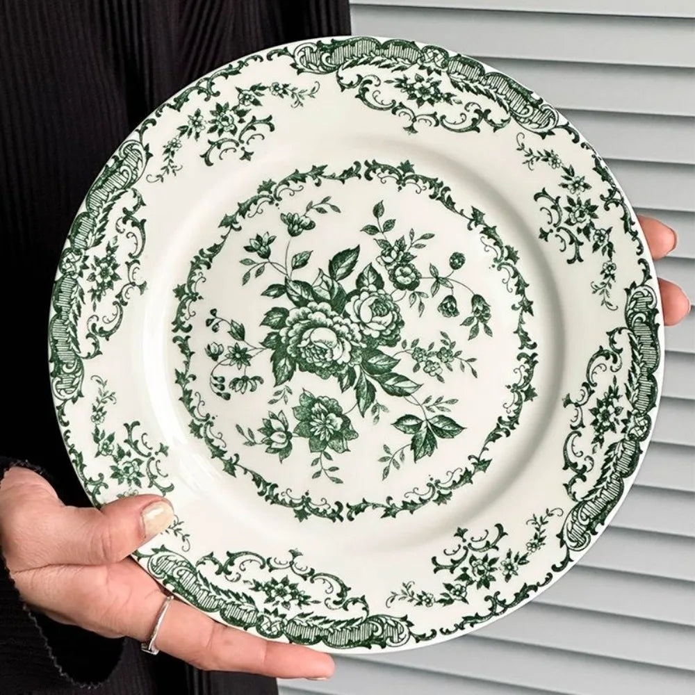 Dinner Set Retro Nordic Flower Pattern Disc Ceramic Elegant Dinner Plate Exquisite Round Shallow Plate Kitchen Good Vibrations