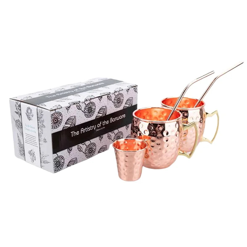 Moscow Mule Mug Set with Straw Copper Plated Hammered 350ml - 304 Stainless Steel Mini Cups with Gift Box for Bar and Home Good Vibrations