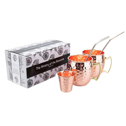 Moscow Mule Mug Set with Straw Copper Plated Hammered 350ml - 304 Stainless Steel Mini Cups with Gift Box for Bar and Home Good Vibrations