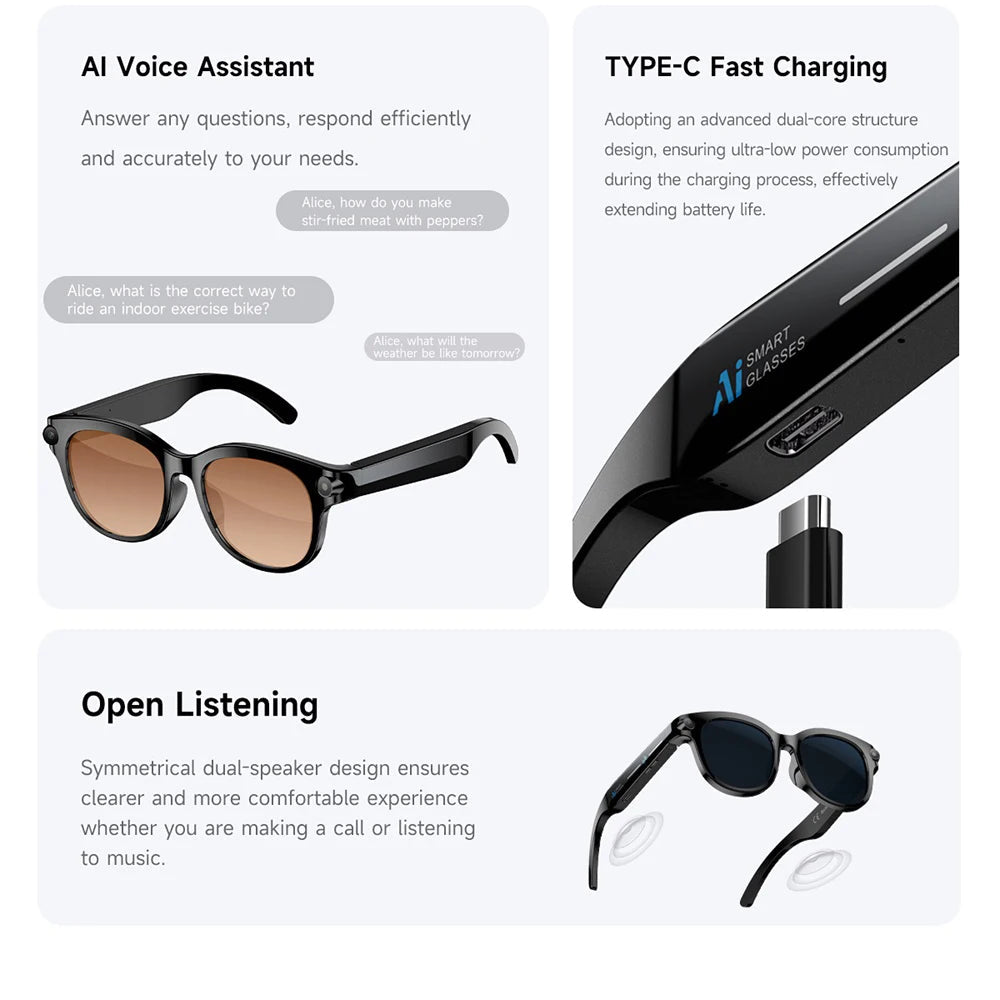 AI Smart Glasses Real-time Translation Dual Camera Bluetooth Call Sunglasses Shoot Audio Video Music Player Multifunctional Men Good Vibrations