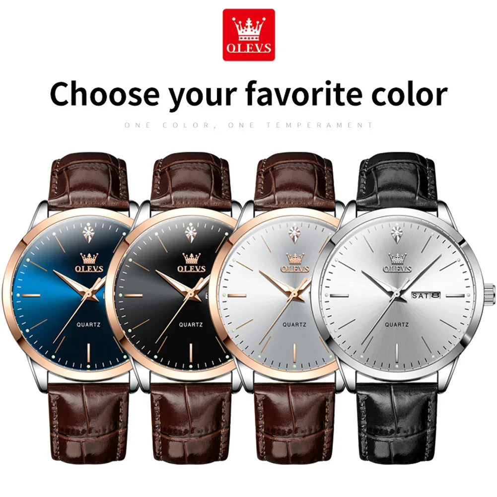 OLEVS 2935 Fashion Business Brand Men Watches Leather Strap Trend Week Calendar Quartz Watch Luminous Waterproof 43mm Dial Good Vibrations