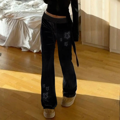 Goth Dark Techwear Fashion Stars Rhinestone Drawstring Pants Mall Goth Streetwear 90s Grunge Soft Velvet Trousers Women Y2K Pant Good Vibrations