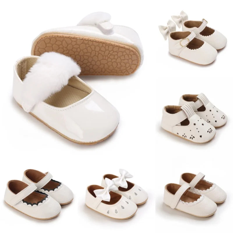 White Spring and Autumn 0-18M Baby Cute Bow Princess Shoes Casual PU Soft Rubber Bottom Anti slip Princess Shoes Walking Shoes Good Vibrations