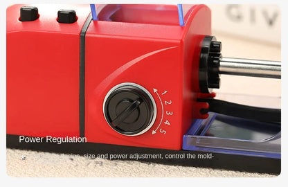 Cigarette rolling machine with adjustable power regulation knob, red design.