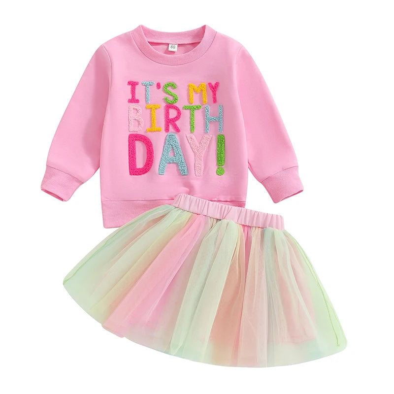 Toddler Birthday Clothes Baby Girl Tutu Skirt Outfit Letter Print Sweathsirt Rainbow Tulle Skirt Fall Winter Sets Good Vibrations