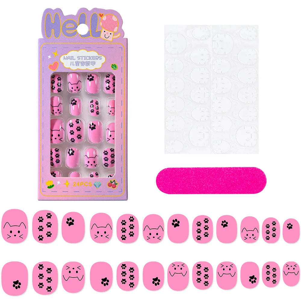24Pcs/box Kids nails for Girl Cartoon Pattern False Nail Cute Child Fake Nails Tips Kawaii Acrylic Artificial Press on Nail+Tool Good Vibrations