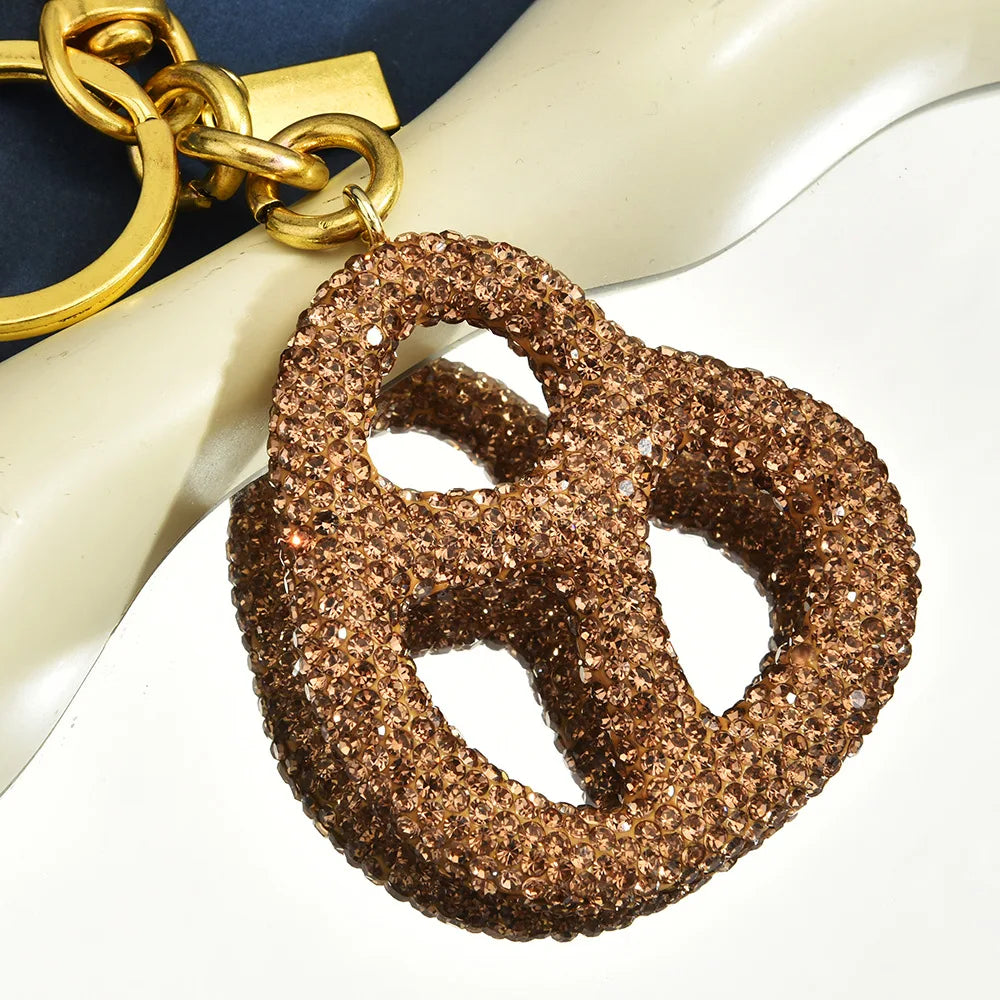 Rhinestone Pretzel Bag Charm Keychain Crystal Gold Hardware Sparkly Purse Pendant Accessory Cute Funny Foodie Gifts For Friends Good Vibrations