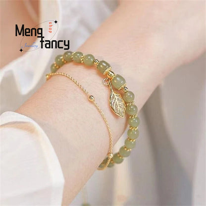 Natural Hetian Jasper Golden Branch Jade Leaves Bracelet Exquisite Sexy Young Girls Fashion Jewelry Best Selling Holiday Gift Good Vibrations