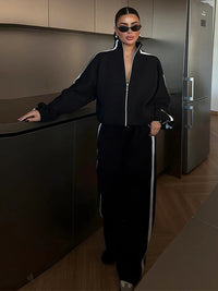 Stripe Contrasted Sweatshirt Pant Set Women Casual Stand Collar Full Sleeve Zippers Sport Coat Wide Leg Trousers 2 Piece Sets Good Vibrations