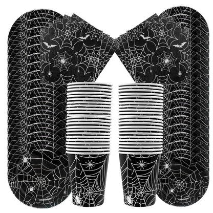 Halloween Party Spider Web Disposable Tableware Black Paper Plates Cups Napkins Halloween Party Home Decorations Supplies Good Vibrations