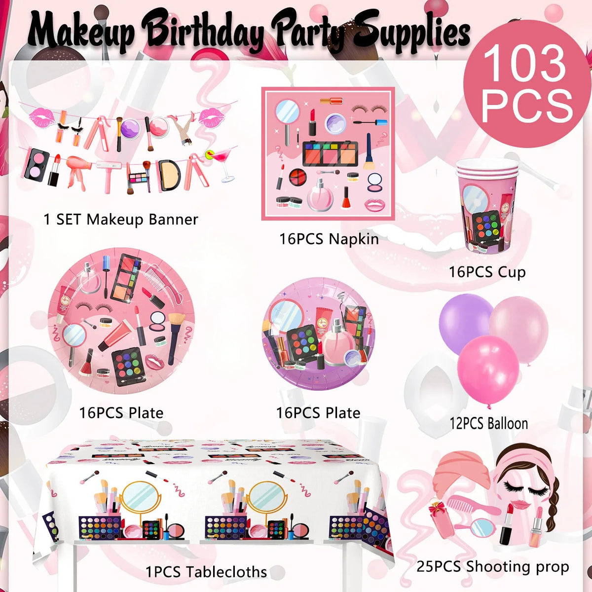 103 Pcs Makeup Birthday Party Supplies-Makeup Theme Party Banner Balloons Photo Props Napkins Plates Etc Spa Party Decorations Good Vibrations