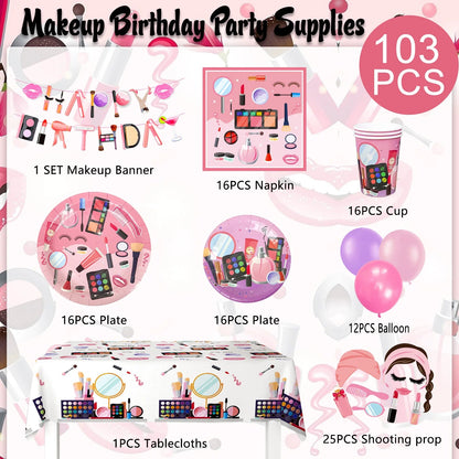 103 Pcs Makeup Birthday Party Supplies-Makeup Theme Party Banner Balloons Photo Props Napkins Plates Etc Spa Party Decorations Good Vibrations