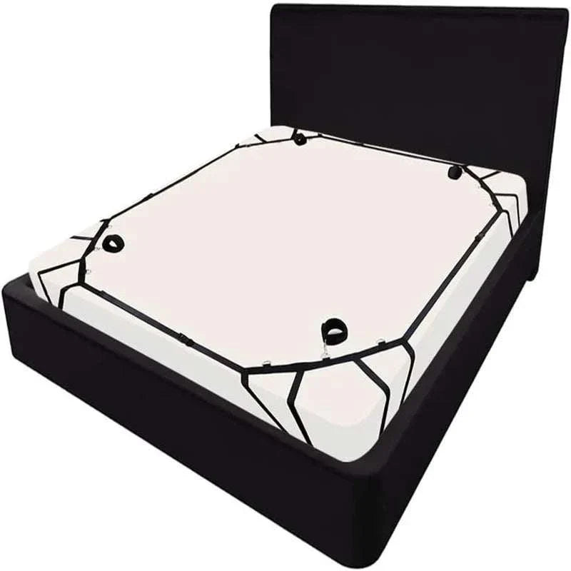 Sex bed restraint BDSM bondage system with nylon handcuffs and ankle cuffs for couples.