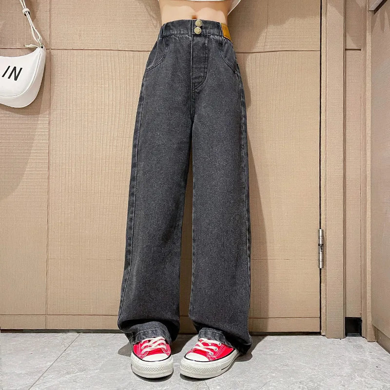 New 2024 Teenage Girls Blue Street Cartoon Print Elastic Mid Waist Loose Denim Jeans Spring Fashion Children Cute Wide Leg Pants Good Vibrations
