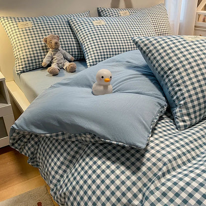 European Bedding Set with Checkered Print Comfortable Breathable Fitted Sheet Duvet Cover Pillowcase Single Queen Size Bed Linen Good Vibrations