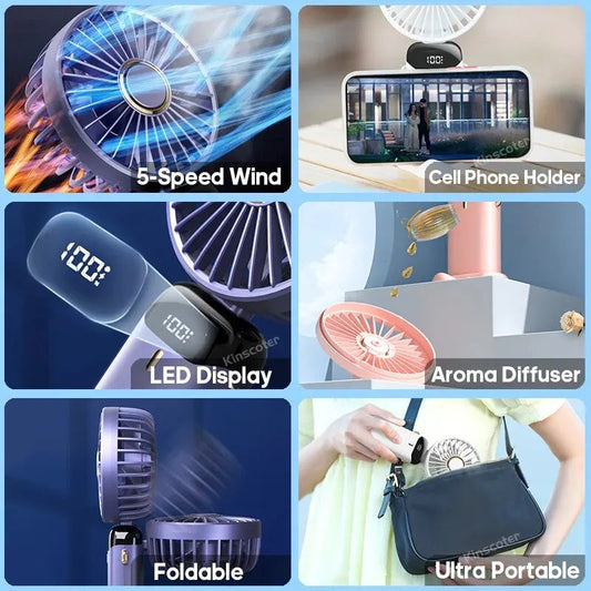 USB Handheld Mini Fan Foldable Portable Neck Hanging Fans 5 Speed Rechargeable Fan with Phone Stand and Display Screen Good Vibrations