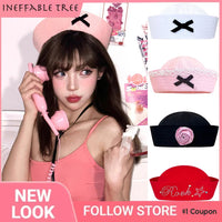 Y2K Striped Bow Flower Rhinestone Sailor JK Beret Navy Hats for Women Summer Niche Flipped Nurse Cosplay Beret Cap Sombreros Good Vibrations