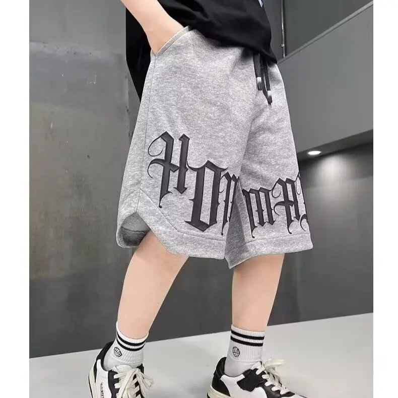 Loose Style Children Summer Shorts for Boy New Letter Print Short Pants Outdoor Casual Sports Shorts Korean Children's Clothing Good Vibrations