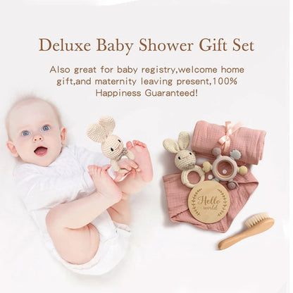 1Set Baby Bath Toy Set Food Grade Silicone Teether Toys Wooden Ring Crochet Rattle Milestones Card Bath Brush For Newborn Gift Good Vibrations
