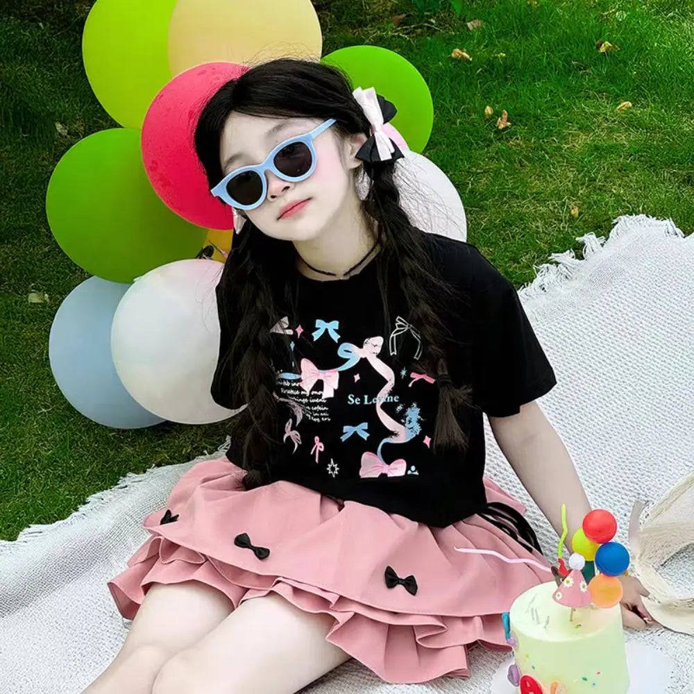 Outfits Y2K Bow Children Cake Skirt Set Pleated Teenagers T-shirt Skirt Suit Sweet Slim Fit Girls Clothes Set Summer Good Vibrations