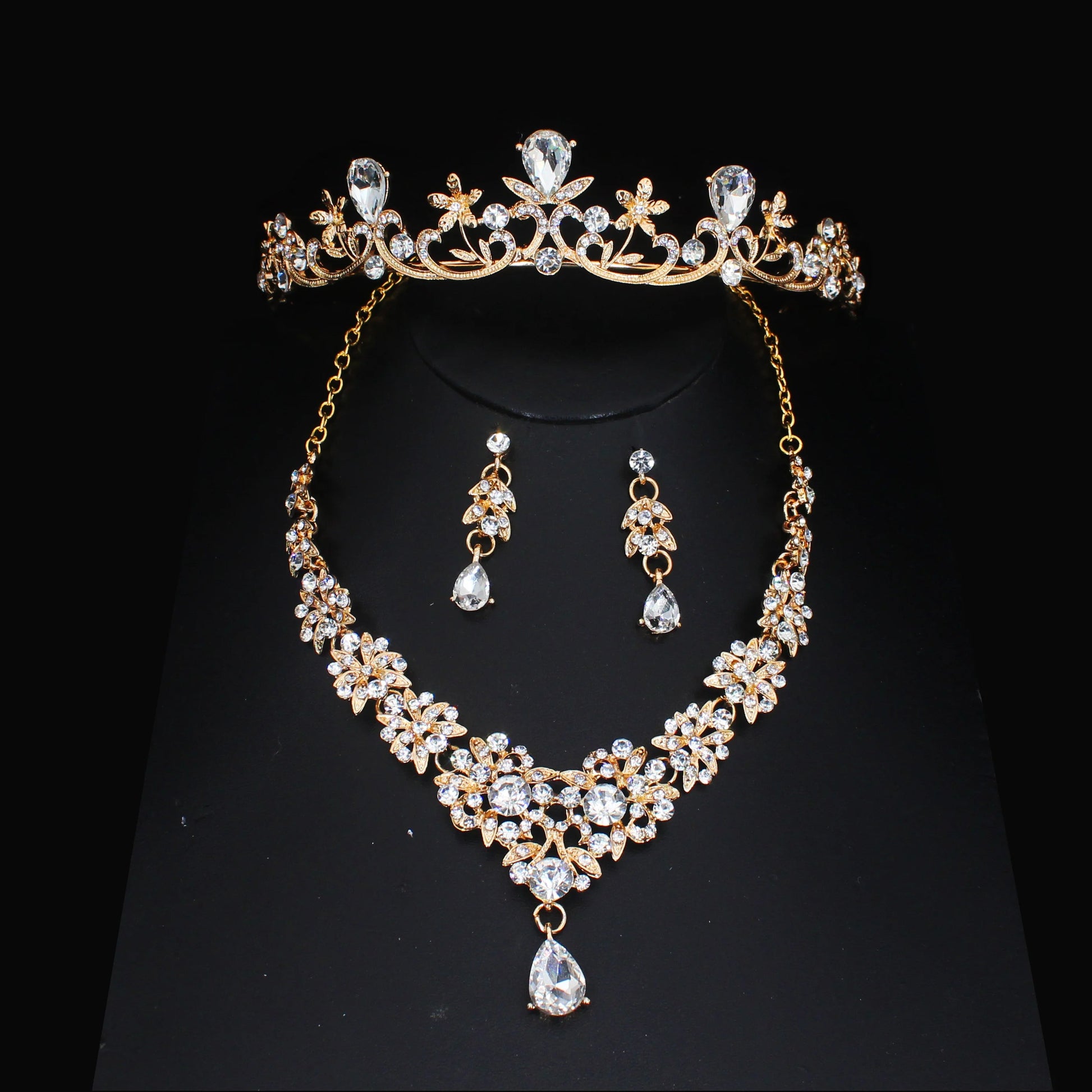 Luxury Crystal Wedding Bridal Jewelry Sets Women/Girl Gold Color Tiara/Crown Earrings Choker Necklace Bride Jewelry Set Good Vibrations Adult Super Store