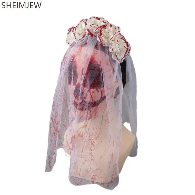 Halloween Gothic Bridal Veil Flower Headdress Bloody Mask Weird Role Playing Accessories Adult Horror Theme Party Costume Props Good Vibrations