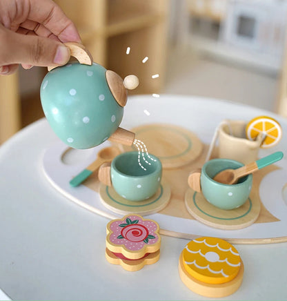 Wooden Afternoon Tea Set Toy Pretend Play Food Learning Role Play Game Early Educational Toys for Toddlers Girls Boys Kids Gifts Good Vibrations
