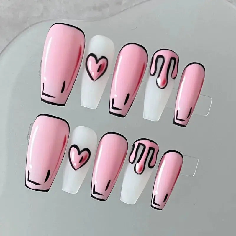 Handmade Cute Press on Nails 3D Comic Fake Nails Dreamy Pink Hearts Acrylic False Nails Full Cover Finger Tips Kit Nail Art Girl Good Vibrations