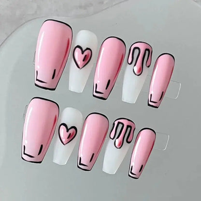 Handmade Cute Press on Nails 3D Comic Fake Nails Dreamy Pink Hearts Acrylic False Nails Full Cover Finger Tips Kit Nail Art Girl Good Vibrations