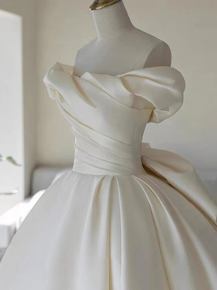 2025 Wedding Dress White Bride Satin Off The Shoulder Floor Length Elegant Strapless Big Bow Women Luxury Simple 원피스 웨딩드레스