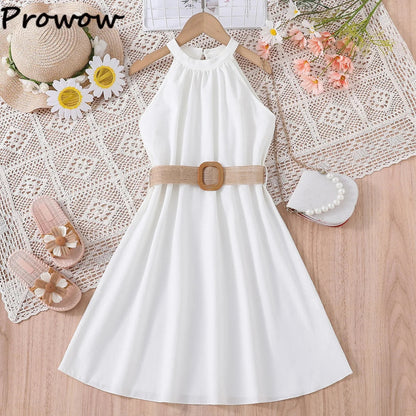 Prowow Girls Party Dresses Sleeveless Belted Halter Neck Hem Dress Holiday Beach Children's Clothing Teenagers Dress For Girls Good Vibrations