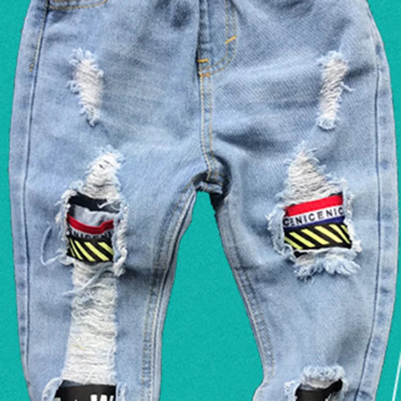 Boys Jeans Fashion Hole New Children Straight Cylinder Casual Jeans Spring Autumn Korean Style Elastic Waist Kids 3-8Ys Trousers Good Vibrations