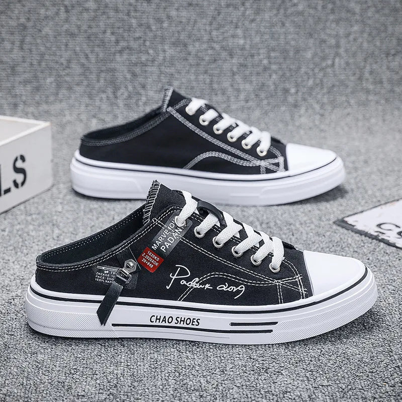 Men Half Slippers Fashion Low-top Canvas Shoes Men Outdoor Casual Walking Shoes Comfortable Breathable Men Vulcanized Shoes New Good Vibrations