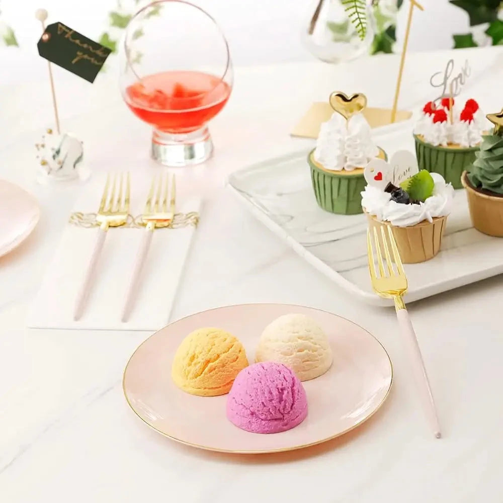 Liyh 96 Pcs Pink And Gold Disposable Plastic Dessert Plates And Forks Set - 7.5"" Plastic Appetizer Plates & 9"" Gold Cake Good Vibrations
