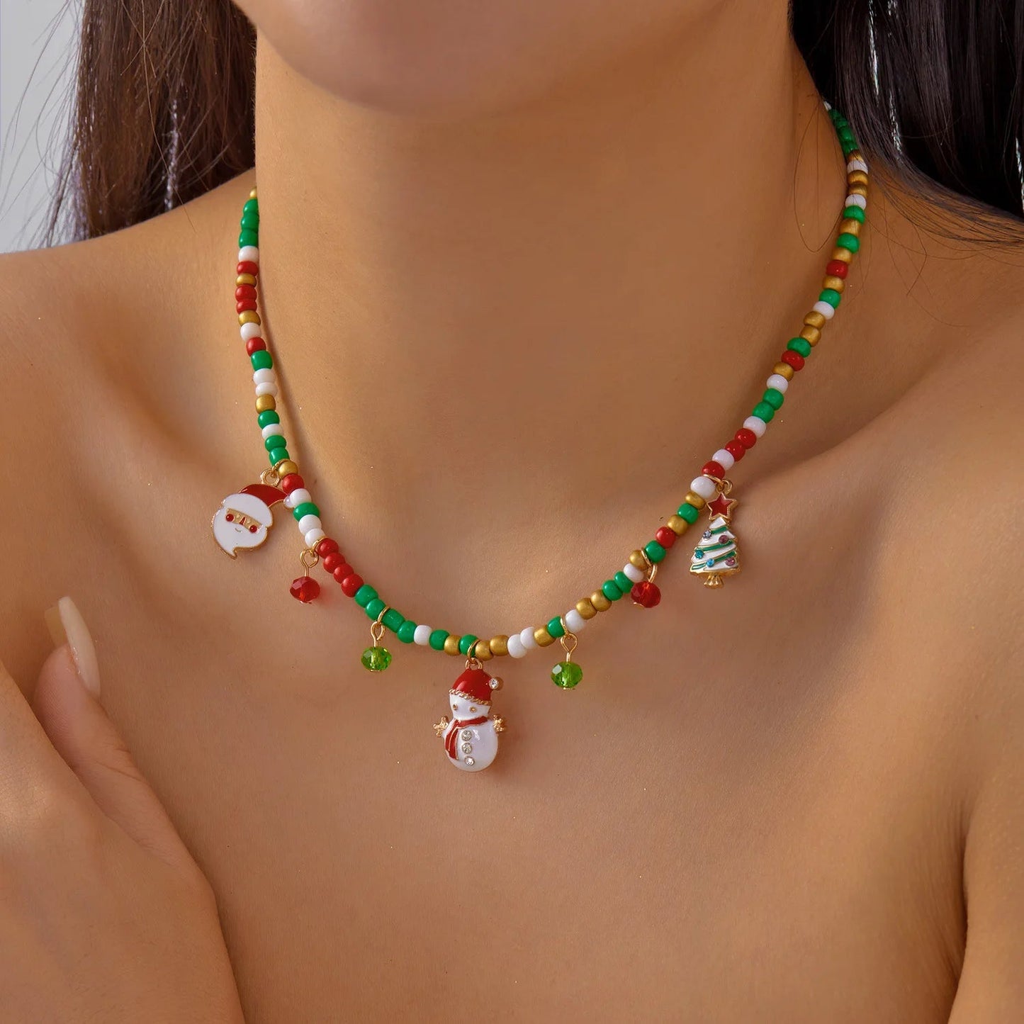 Christmas Necklaces for Women Girls Handmade Rice Beads X'mas Tree Santa Claus Snowman Gift Necklace Pendant New Year Jewelry Good Vibrations