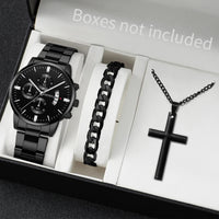 3PCS Men's Watch Set Business Trend Classic Round Dial Quartz Watch Bracelet Necklace Set Perfect Gift for Friends or Dad Good Vibrations