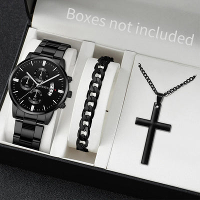 3PCS Men's Watch Set Business Trend Classic Round Dial Quartz Watch Bracelet Necklace Set Perfect Gift for Friends or Dad