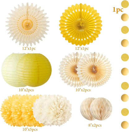 Yellow Party Decorations Yellow and Cream Paper Fans Paper Lanterns Pom Poms Flowers for Baby Shower Birthday Wedding Party Good Vibrations