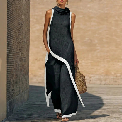 2026 New European American Women's Two-Piece Set: Solid Sleeveless Blouse with High Waist Pants, Elegant Casual Matching Outfit Good Vibrations