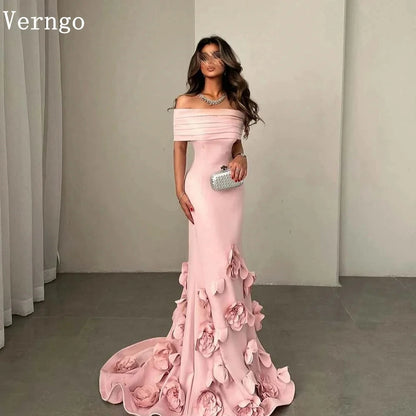 Verngo Pink Crepe Evening Dress 3D Flowers Mermaid Elegant Prom Party Dress Arabic Formal Prom Gown Customized Good Vibrations