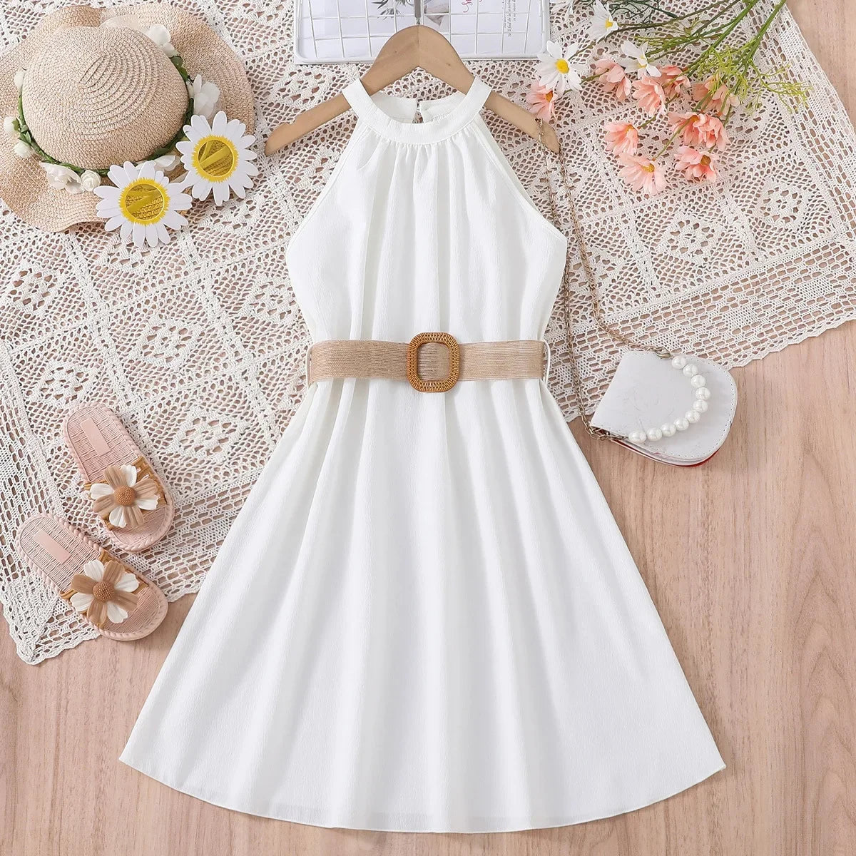 Prowow Girls Party Dresses Sleeveless Belted Halter Neck Hem Dress Holiday Beach Children's Clothing Teenagers Dress For Girls Good Vibrations