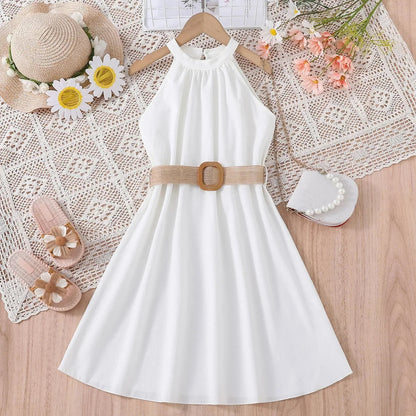 Prowow Girls Party Dresses Sleeveless Belted Halter Neck Hem Dress Holiday Beach Children's Clothing Teenagers Dress For Girls Good Vibrations