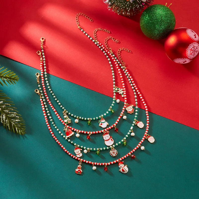 Christmas Necklaces for Women Girls Handmade Rice Beads X'mas Tree Santa Claus Snowman Gift Necklace Pendant New Year Jewelry Good Vibrations