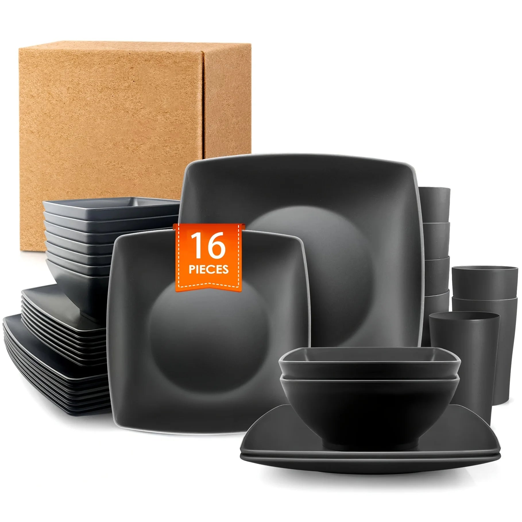 16-Piece Square Dinnerware Set - Heavy Duty Ceramic Plates, Bowls, Cups | Dishwasher & Microwave Safe for Everyday Use Good Vibrations